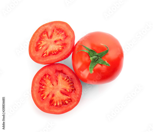 Fresh ripe tomatoes on white background, top view