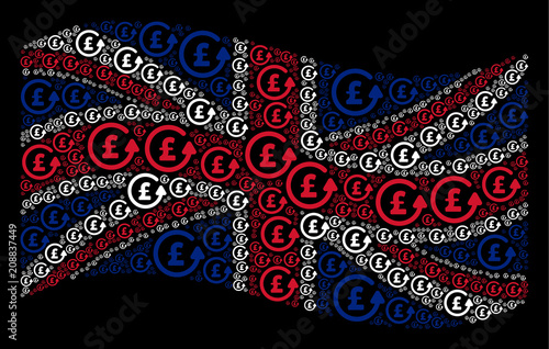 Waving UK flag on a black background. Vector chargeback pound pictograms are formed into mosaic United Kingdom flag illustration. Patriotic collage designed of chargeback pound pictograms.