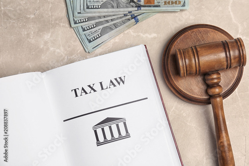 Money, gavel and book with words TAX LAW on grey background, top view