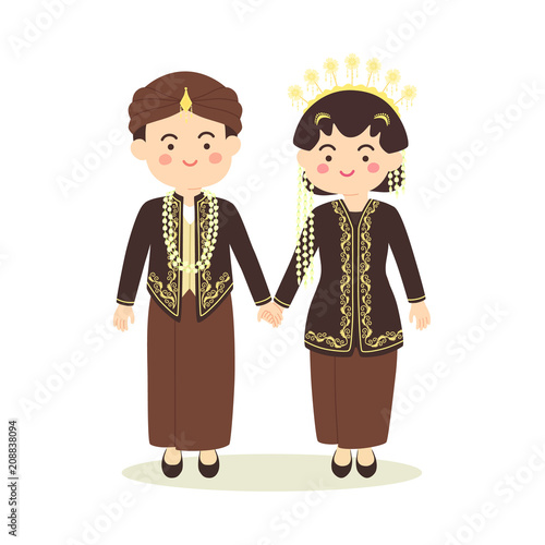 Central Java Indonesia Wedding Couple, cute Indonesian Black Javanese traditional clothes costume bride and groom cartoon vector illustration