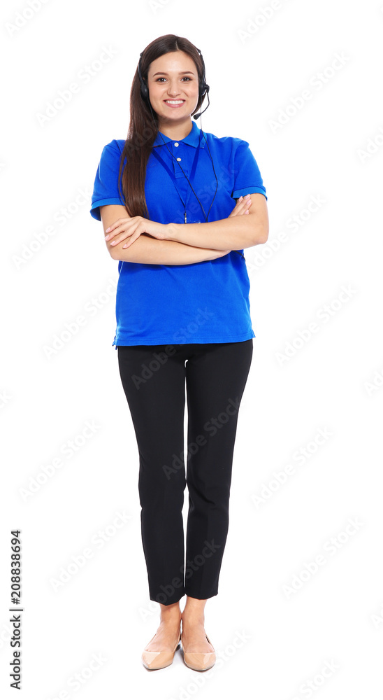 Female technical support operator with headset on white background Female technical support operator with headset on white background