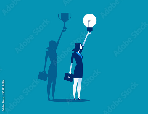 Businesswoman with idea bulb and successful shadow. Concept business vector illustration, Flat business cartoon, Trophy, Holding, charactor style.