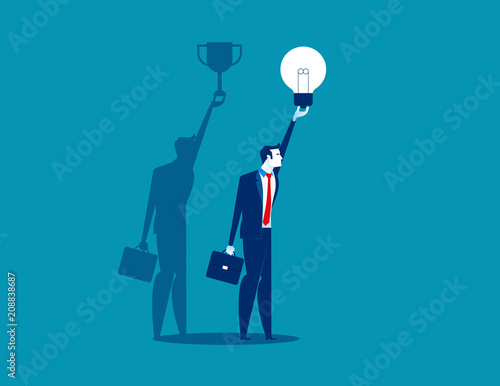 Businessman with idea bulb and successful shadow. Concept business vector illustration, Flat business cartoon, Trophy, Holding, charactor style. © zenzen