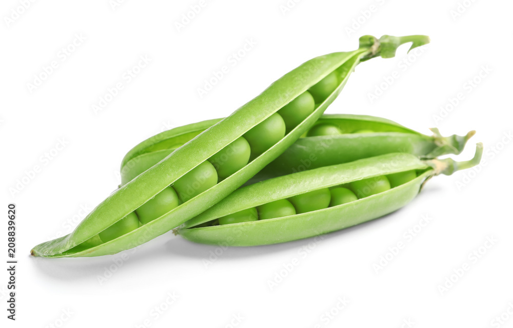 Delicious fresh green peas on white background
