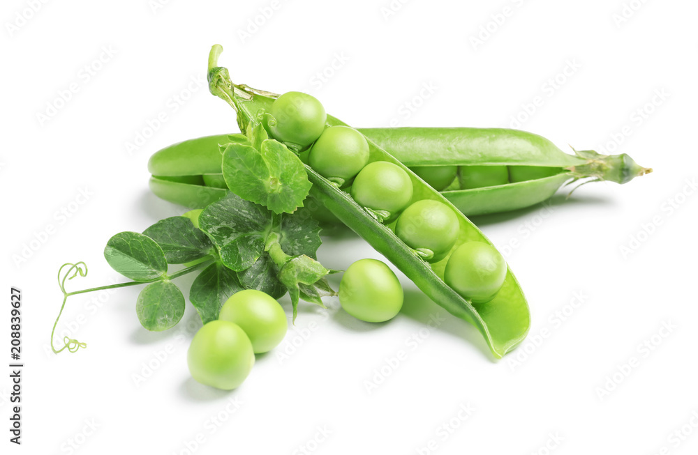 Delicious fresh green peas on white background