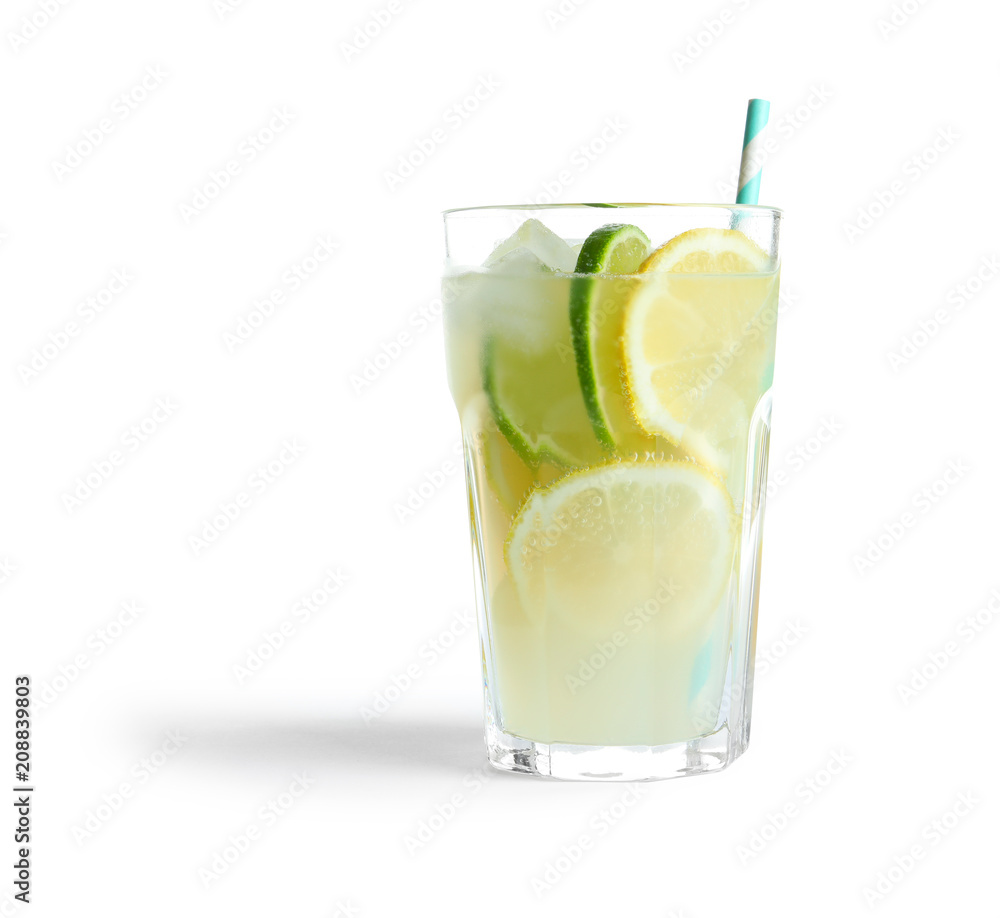 Glass of natural lemonade with citrus fruits on white background Glass of natural lemonade with citrus fruits on white background