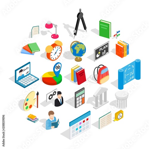 Teacher icons set. Isometric set of 25 teacher vector icons for web isolated on white background