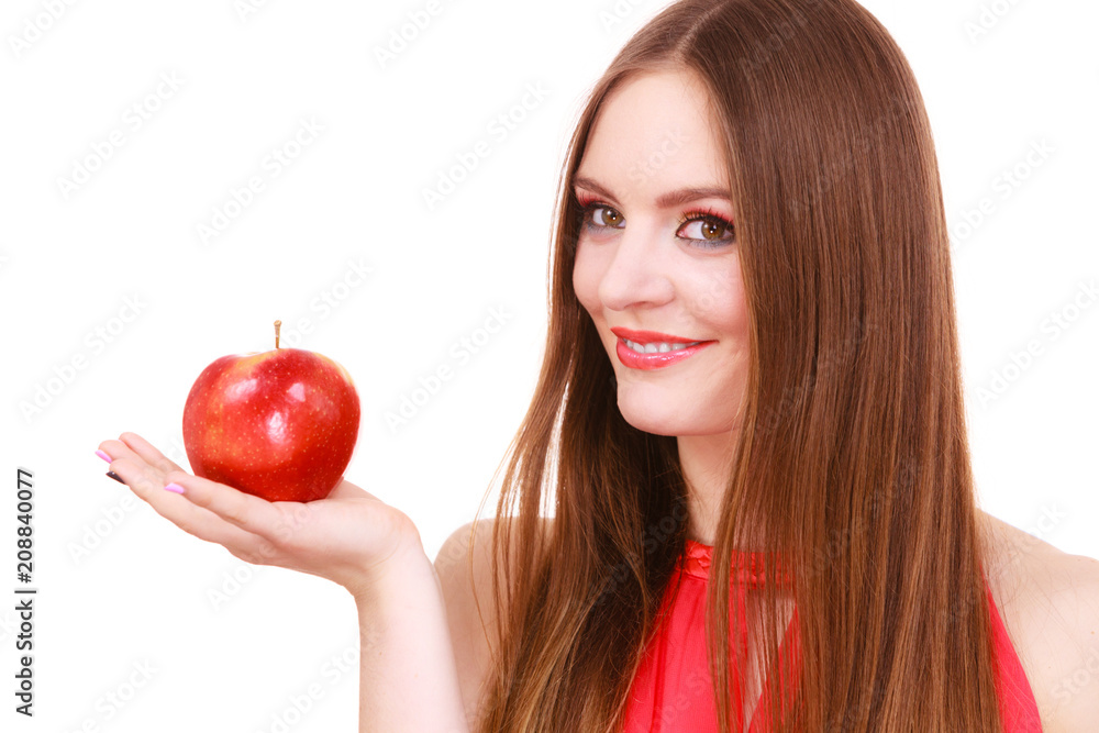 Woman charming girl colorful makeup holds apple fruit Woman charming girl colorful makeup holds apple fruit
