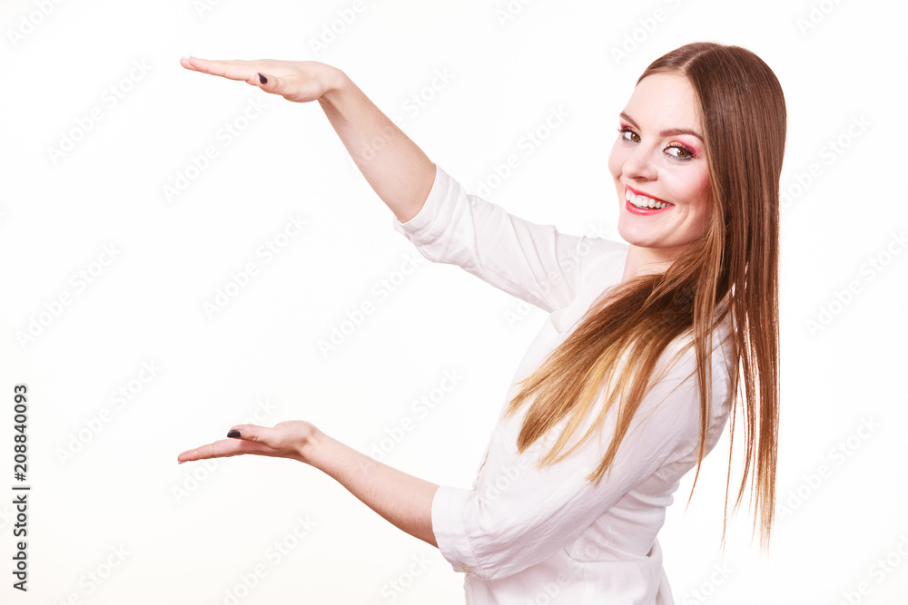 Woman uses hands to indicate area of frame, copy space for product Woman uses hands to indicate area of frame, copy space for product