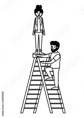 couple climbing stepladder character vector illustration design