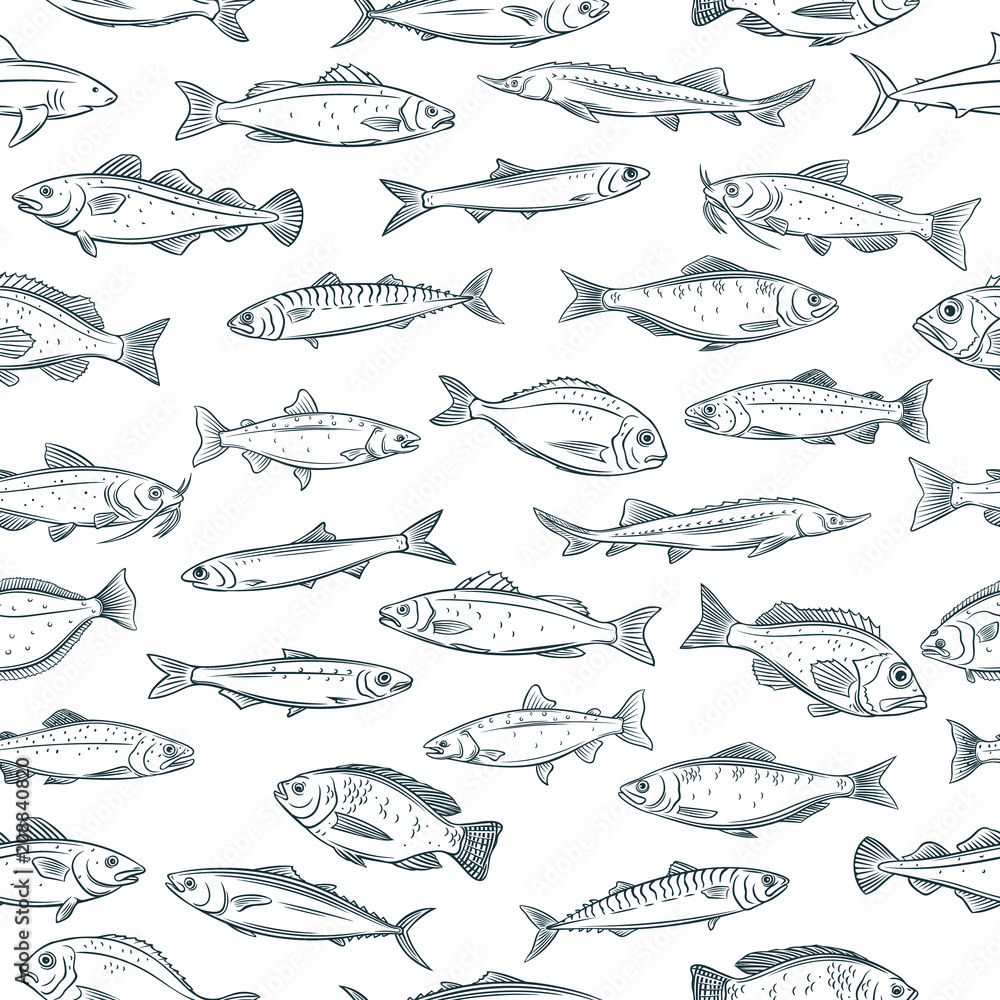 seamless pattern hand drawn fish - obrazy, fototapety, plakaty 