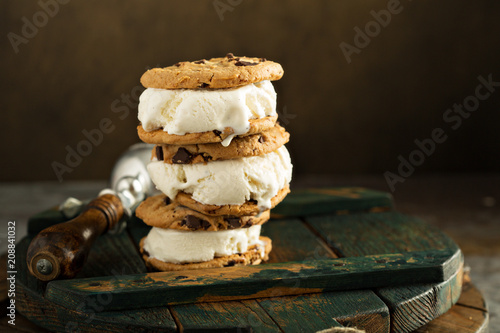 Homemade ice cream sandwiches with chocolate chip cookies