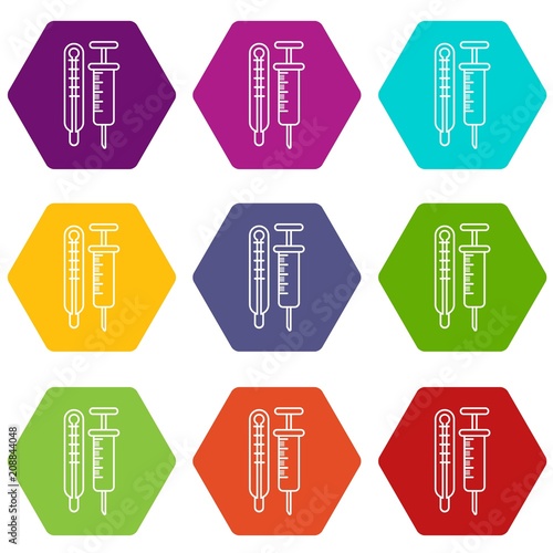 Thermometer syringe icons 9 set coloful isolated on white for web
