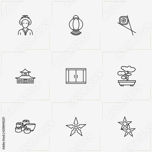 Japan line icon set with cupboard, japanese temple and tea ceremony