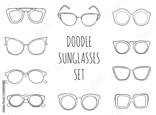 Doodle hand drawn sunglasses set. Vector summer illustration.