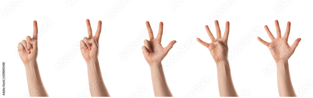 Man showing a numbers with a hand gesture. Isolated on white background. Collage of set photos. Man showing a numbers with a hand gesture. Isolated on white background. Collage of set photos.