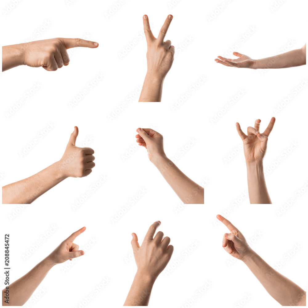 Man hand with the various gesture, open hand, pointing finger, hitting each other, fingers crossed, hold, grab, catch, fist, showing numbers. Isolated on white background. Collage of set photos. Man hand with the various gesture, open hand, pointing finger, hitting each other, fingers crossed, hold, grab, catch, fist, showing numbers. Isolated on white background. Collage of set photos.