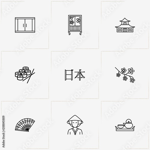 Japan line icon set with japanese hand fan , japanese language and tea ceremony