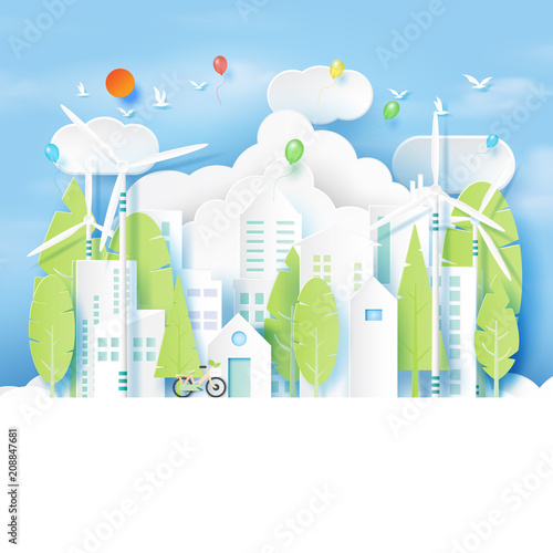 Nature landscape and green eco urban city concept of renewable energy and environment conservation.Paper art style vector illustration.