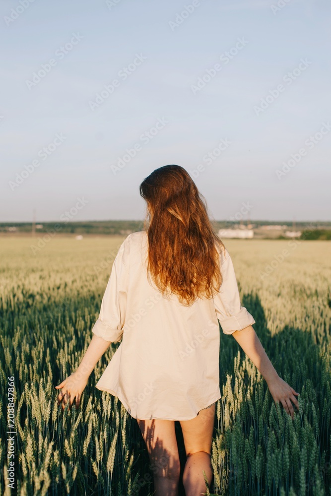 Back view portrait of young woman walking by the field of wheat Back view portrait of young woman walking by the field of wheat