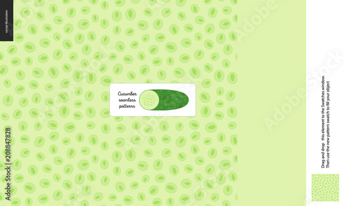 Food patterns, summer - vegetable, cucumber texture, small half of cucumber image in the center - a seamless pattern of cucumber fresh pulp full of green seeds on the green background