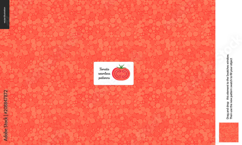 Food patterns, summer - vegetable, tomato texture, small half of tomato image in the center - a seamless pattern of tomato fresh red pulp full of white redish seeds, on the red background