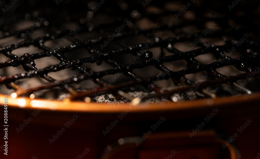 Closeup of dirty and burnt barbecue grill grates. Risk factor of