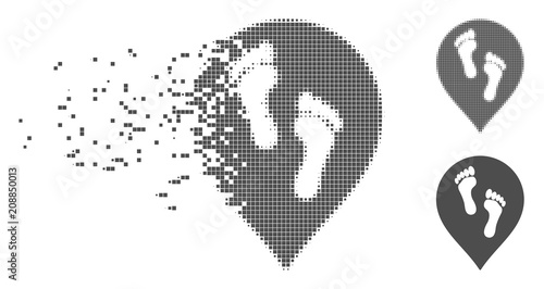 Grey vector footprints map marker icon in fractured, dotted halftone and undamaged solid variants. Disappearing effect involves rectangular particles.