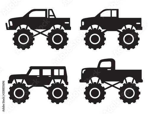Vector illustration of monster pick up truck silhouette set.
