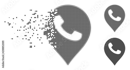 Grey vector phone receiver marker icon in dispersed, pixelated halftone and undamaged whole versions. Disappearing effect involves square particles.