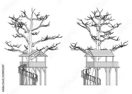 Vector sketch tree house on the white background.