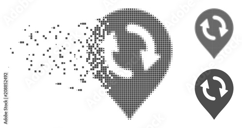 Grey vector refresh map marker icon in dispersed, pixelated halftone and undamaged whole variants. Disappearing effect involves rectangular dots.