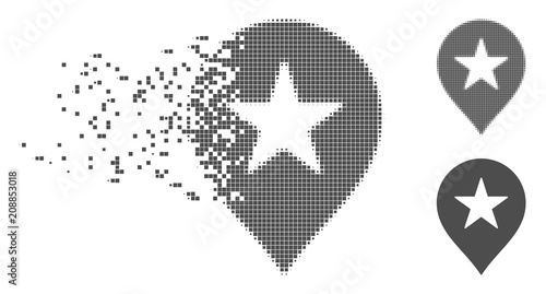 Grey vector star favourites marker icon in dispersed, dotted halftone and undamaged whole variants. Disintegration effect involves rectangle particles.