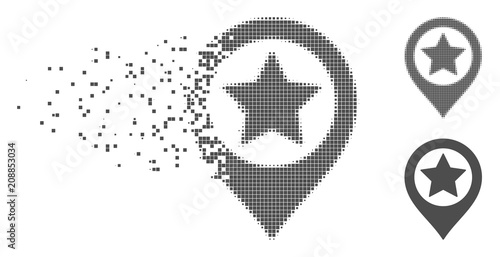 Gray vector star map marker icon in fractured, dotted halftone and undamaged whole variants. Disappearing effect involves rectangle particles.