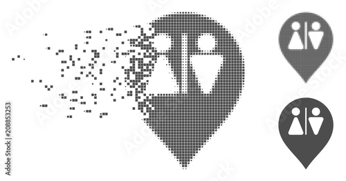 Grey vector toilet map marker icon in fractured, dotted halftone and undamaged entire versions. Disappearing effect involves square particles.