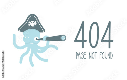 Funny concept for 404 error, page not found. Vector flat illustration of a pirate octopus with a telescope