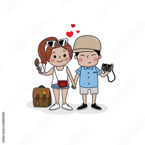 The tourist couple. Hipster outfit in summer