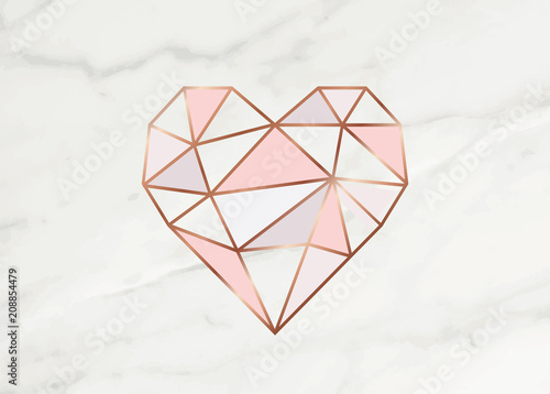 Geometric rose gold heart shape with marble background texture design for packaging, wedding card and cover template.    