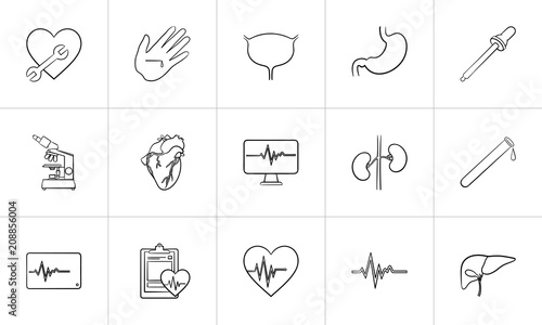 Medicine hand drawn outline doodle icon set for print, web, mobile and infographics. Healthcare, hospital, paramedic and first aid vector sketch illustration set isolated on white background.