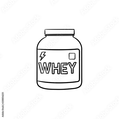 Sport nutrition hand drawn outline doodle icon. Container with whey protein powder as body bulding and fitness concept. Vector sketch illustration for print, web, mobile and infographics on white