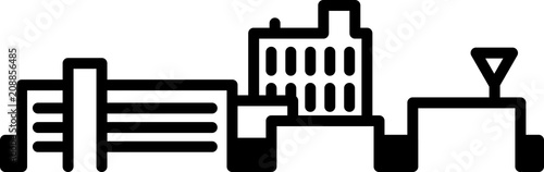 Simple icon illustration of the skyline of the city of Flint, Michigan, USA in black and white.