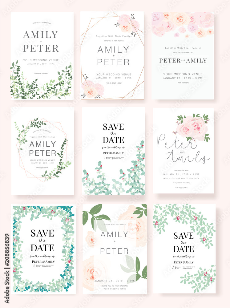 Wedding invite, invitation, rsvp, save the date card design with elegant peony pink garden rose anemone, wax flowers eucalyptus branches leaves, cute golden geometrical pattern. Vector template set