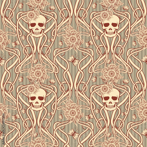 Seamless background with skull in art nouveau style, vector illustration