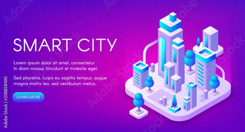 Smart city vector illustration of town with digital communication technology. Isometric office skyscrapers and apartments with urban infrastructure on purple ultraviolet background