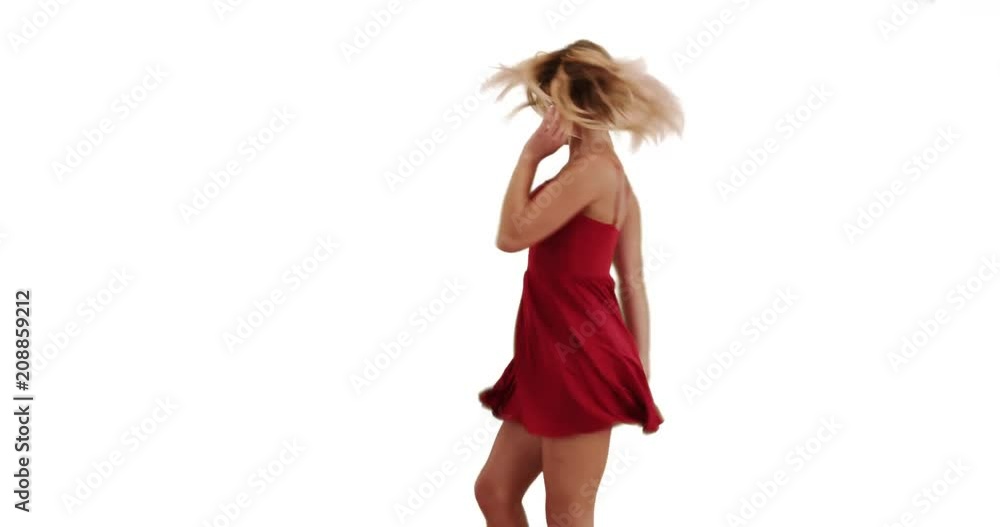 Portrait of fun blonde female in summer dress dancing on solid white background, Beautiful white woman in short dress jumping around enthusiastically on white copy space, 4k Portrait of fun blonde female in summer dress dancing on solid white background, Beautiful white woman in short dress jumping around enthusiastically on white copy space, 4k