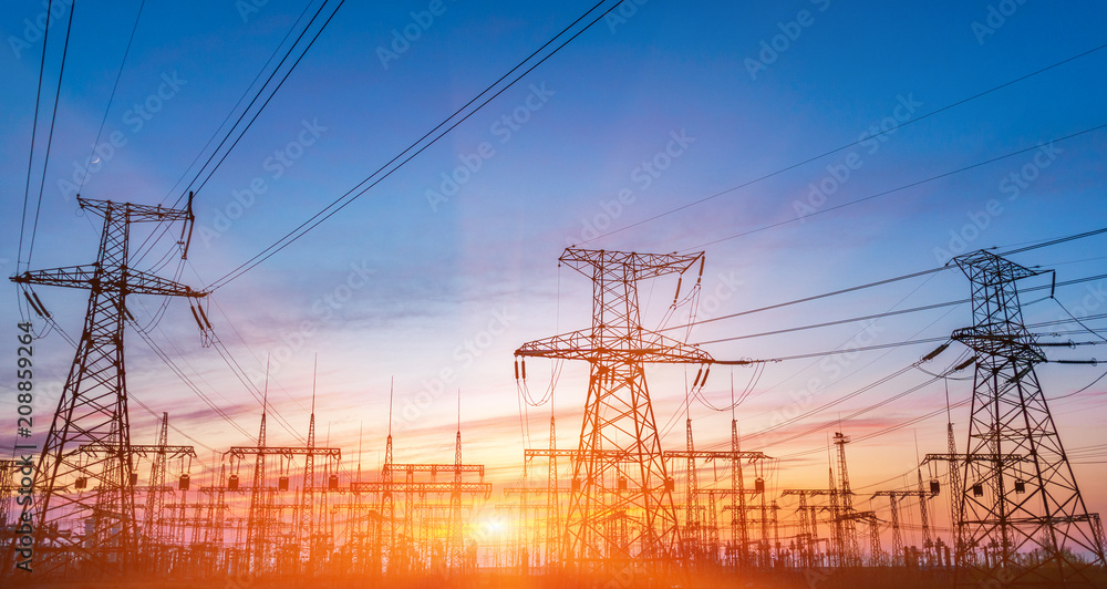 distribution electric substation with power lines and transformers