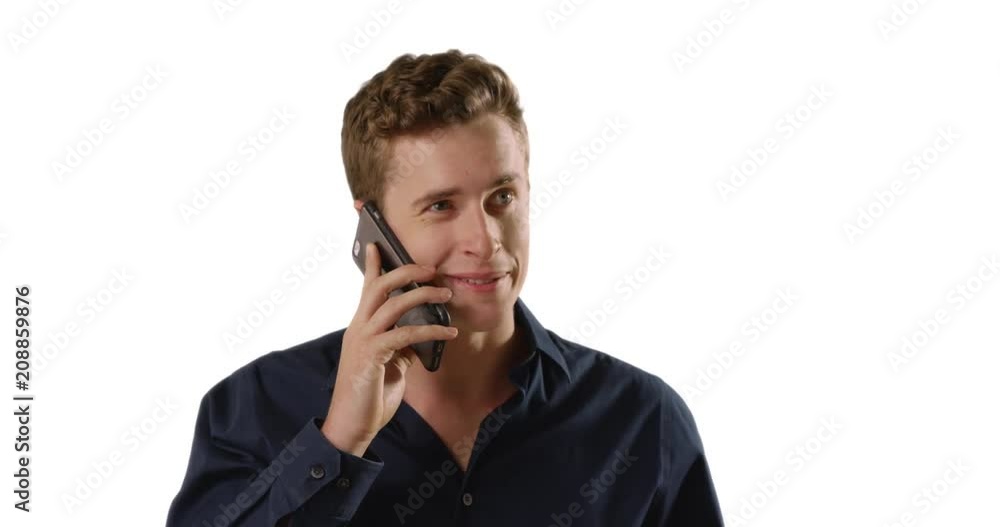 Portrait of handsome businessman speaking with client over the phone on white background, Caucasian male talking on cellphone in studio with copyspace, 4k Portrait of handsome businessman speaking with client over the phone on white background, Caucasian male talking on cellphone in studio with copyspace, 4k