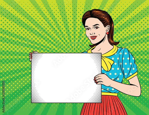 Vector colorful pop art style illustration of a young beautiful woman holding a white paper sheet. Vintage style banner with smiling girl showing board with space for notes