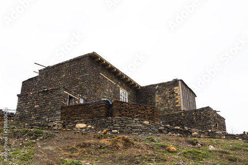 Azerbaijan, Khinalig mountain settlement view, houses of local residents. Located high up in the mountains of Quba Rayon, Azerbaijan.