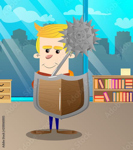Schoolboy holding a spiked mace and shield. Vector cartoon character illustration.